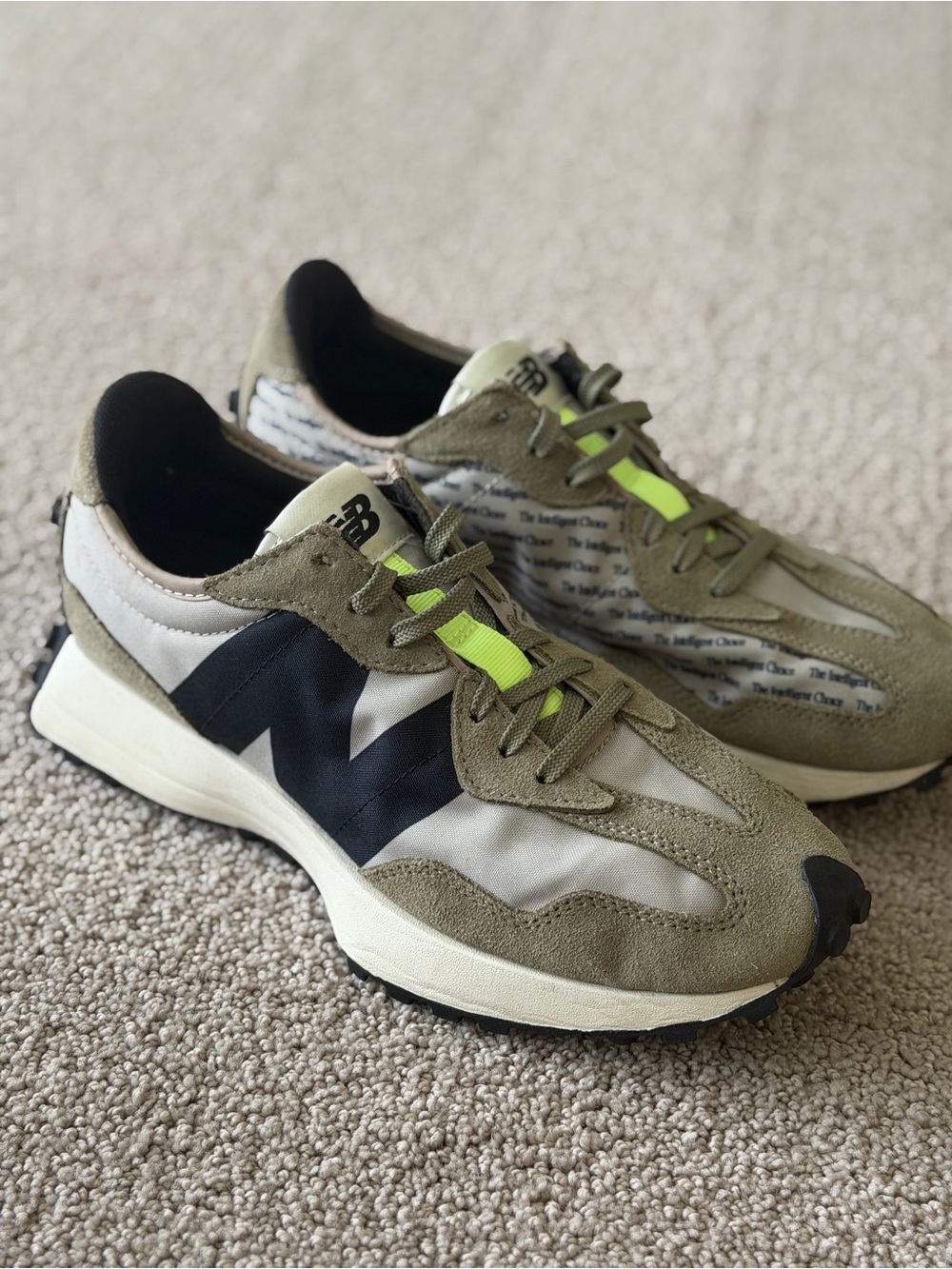 New Balance Olive Green & Black Suede Nylon Sneakers with Neon Accent